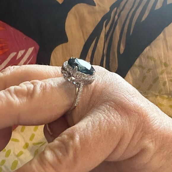 ⭐️Huge ⭐️ Dark Blue Oval Topaz RING W/ CZ White Surrounding Main Gemstone bling - Picture 11 of 13